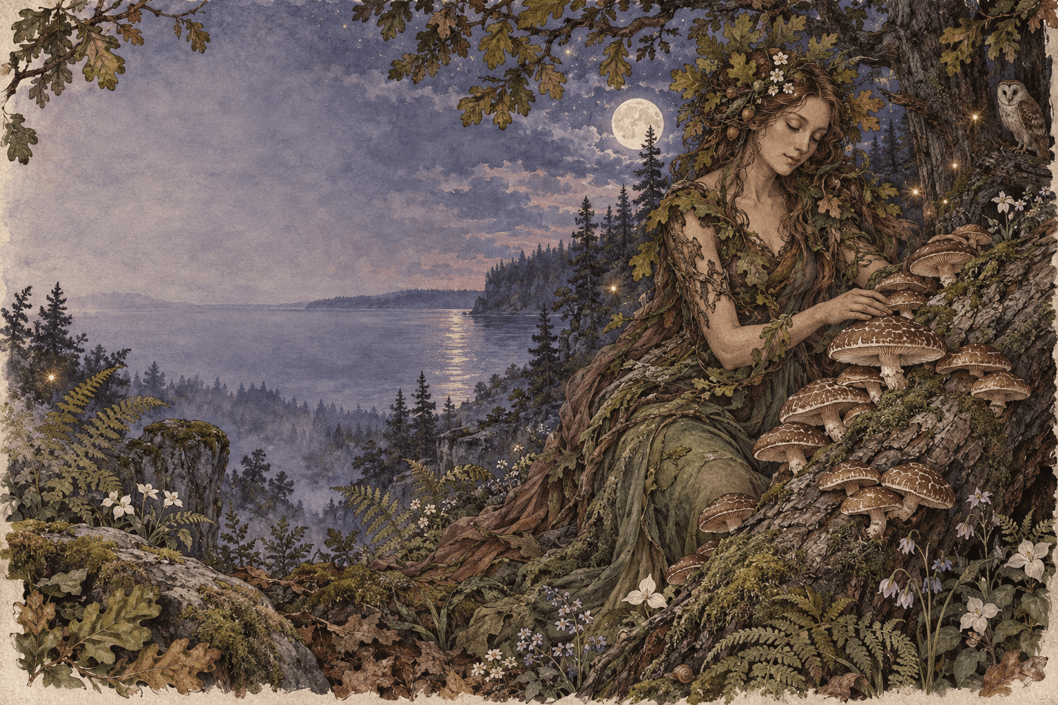 A hand-drawn oak dryad tending shiitake mushrooms beside Lake Huron beneath the moon