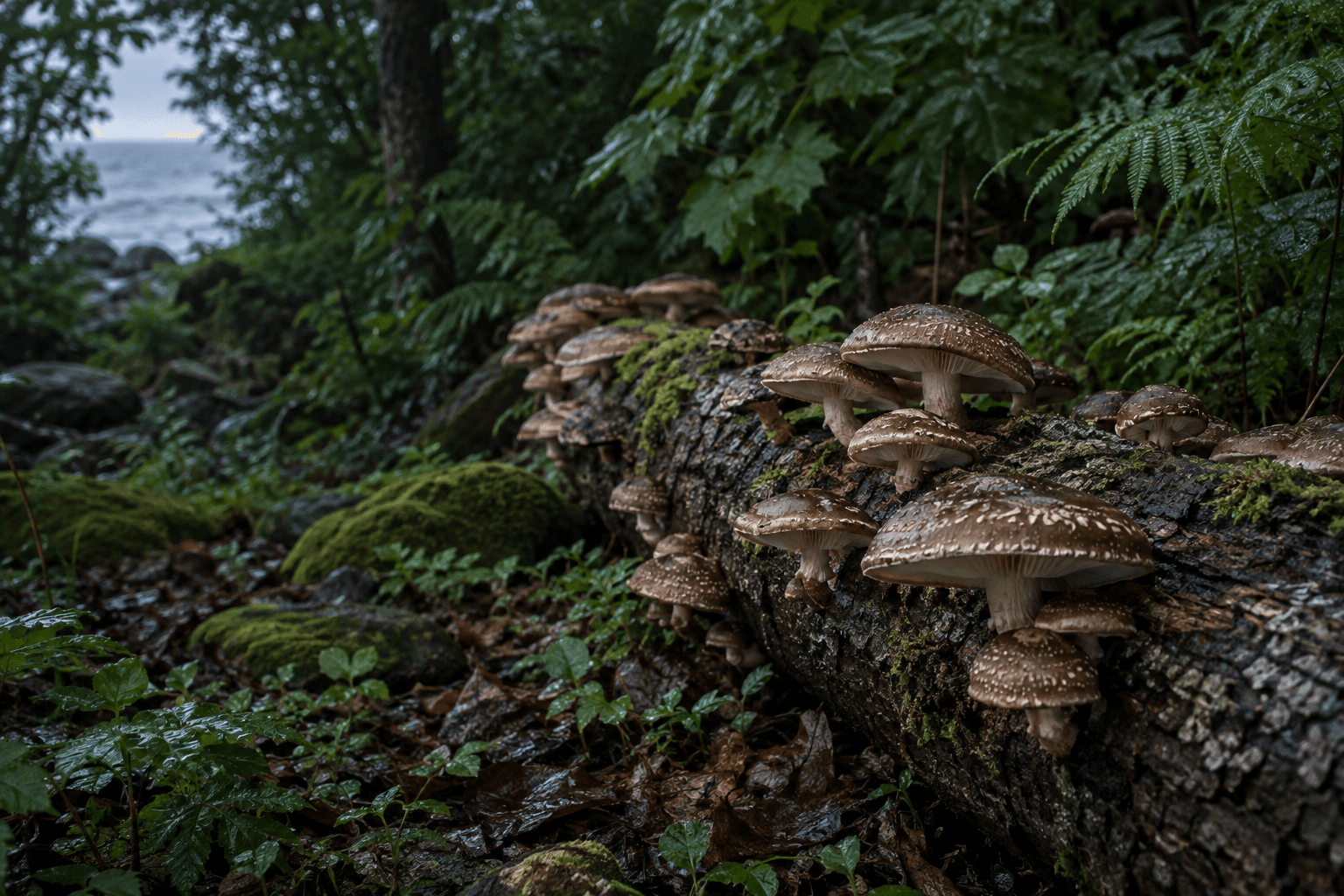 A mature Ontario oak log growing shiitake mushrooms